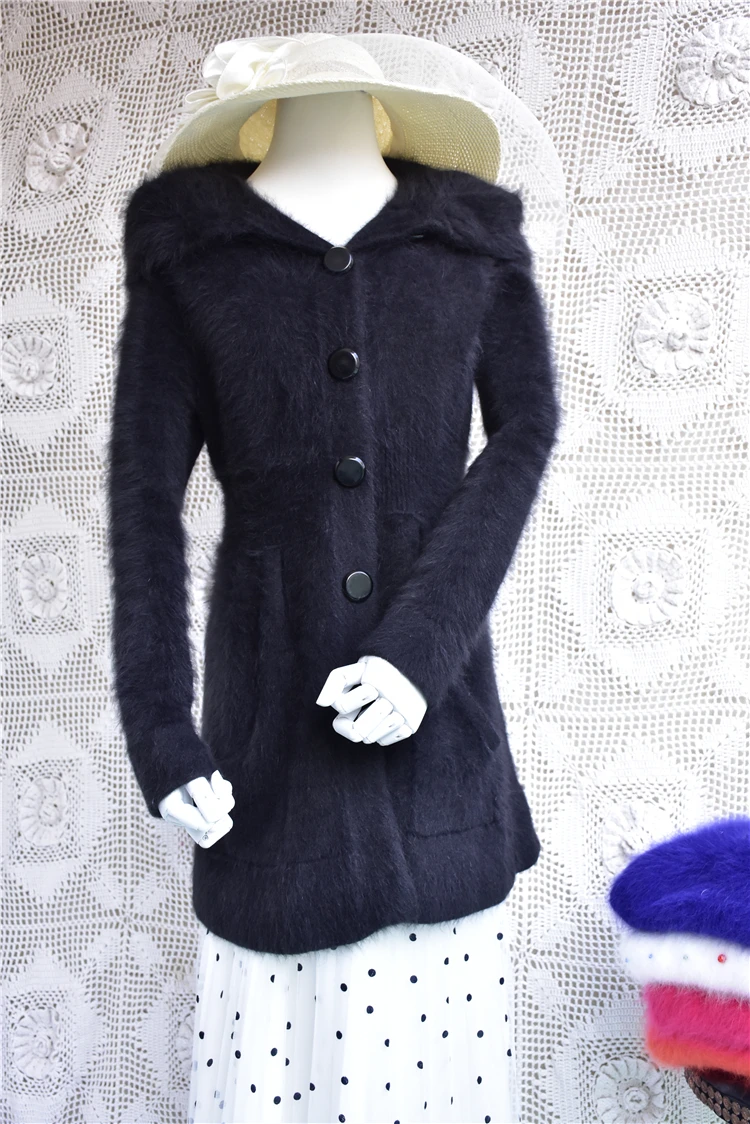 Женская зимняя теплая Длинная черная куртка с длинным рукавом, тонкое пальто из ангоры с кроличьим мехом, большой классический воротник, платье, свитер, кашемировый кардиган