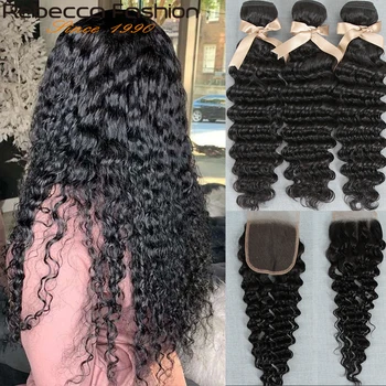 

Rebecca Deep Wave Bundles With Closure Human Hair 3 Bundles Deep Wave With Closure Brazilian Hair Weaves Bundles With Closure