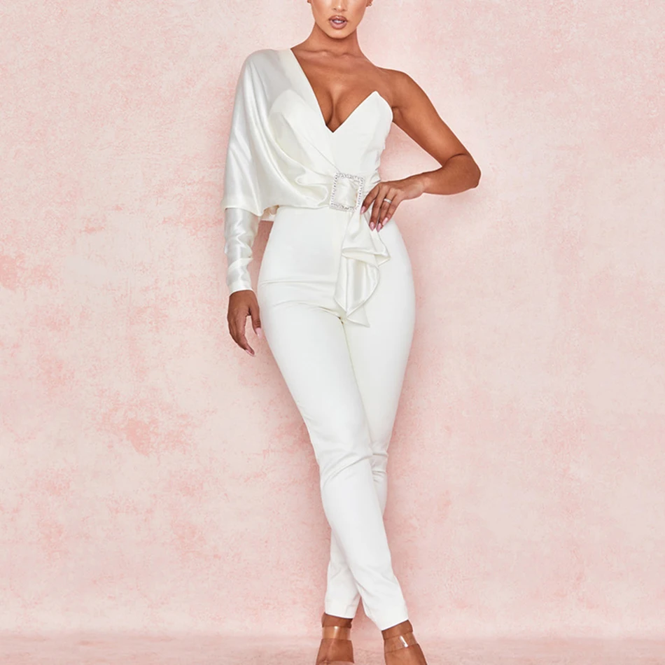 Ailigou 2019 Winter Women'S New Jumpsuit Sexy One-Shoulder Long-Sleeved V-Neck Crystal Buckle Vestidos Club Party Jumpsuit Ailigou 2019 Winter Women'S New Jumpsuit Sexy One-Shoulder Long-Sleeved V-Neck Crystal Buckle Vestidos Club Party Jumpsuit