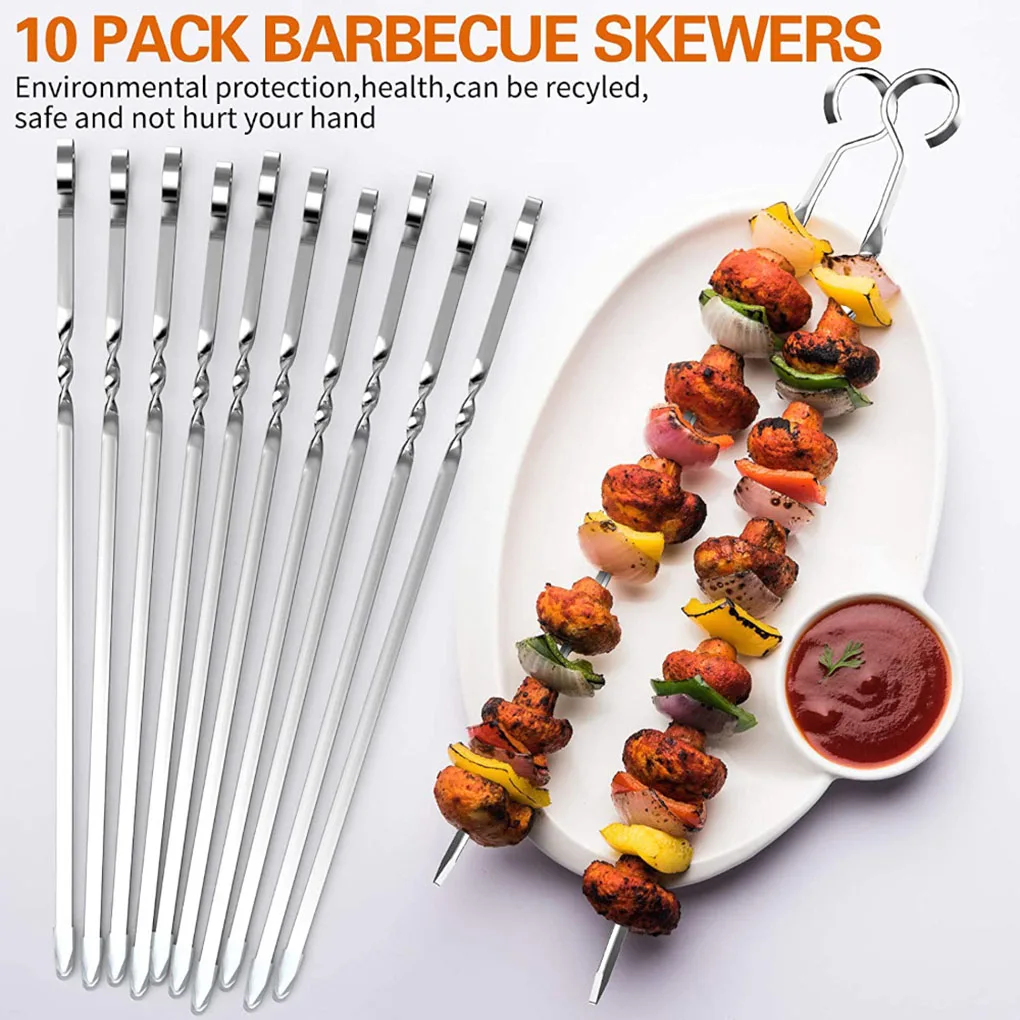 10pcs BBQ Skewers Reusable Stainless Steel Barbecue Sticks Flat Cooking Grill Skewers Home Camping Kitchen Tools