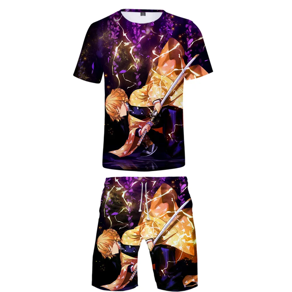 Demon Slayer Kimetsu no Yaiba Cool Harajuku Fashion New Arrival 3D Streetwear two piece set O-neck tshirt and shorts Men's Set Demon Slayer Kimetsu no Yaiba Cool Harajuku Fashion New Arrival 3D Streetwear two piece set O-neck tshirt and shorts Men's Set