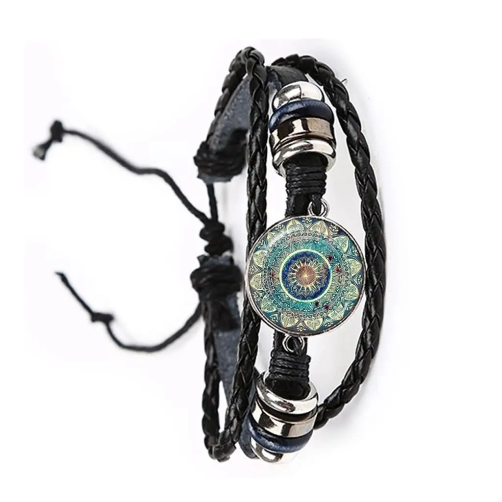 

Mandala Picture Leather Bracelet Henna Yoga Om Symbol Zen Buddhism 20mm Glass Cabochon Dome Bangle For Women Men Kids Gift