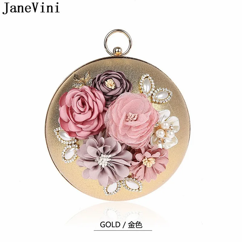 JaneVini Luxurious Gold Silver Wedding Clutch Round Ball Artificial Flowers Pearls Rhinestone Bridal Handbag Ladies Clutch Bag