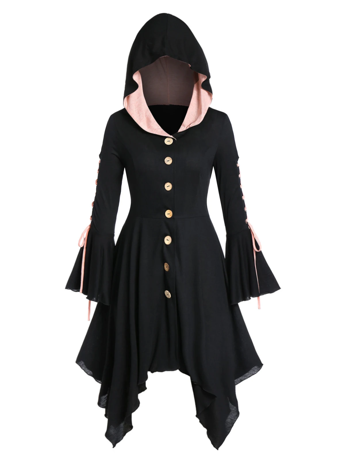 ROSEGAL Plus Size Hooded Women Lace Up Handkerchief Halloween Coat Pleated A-Line Long Gothic Trenc