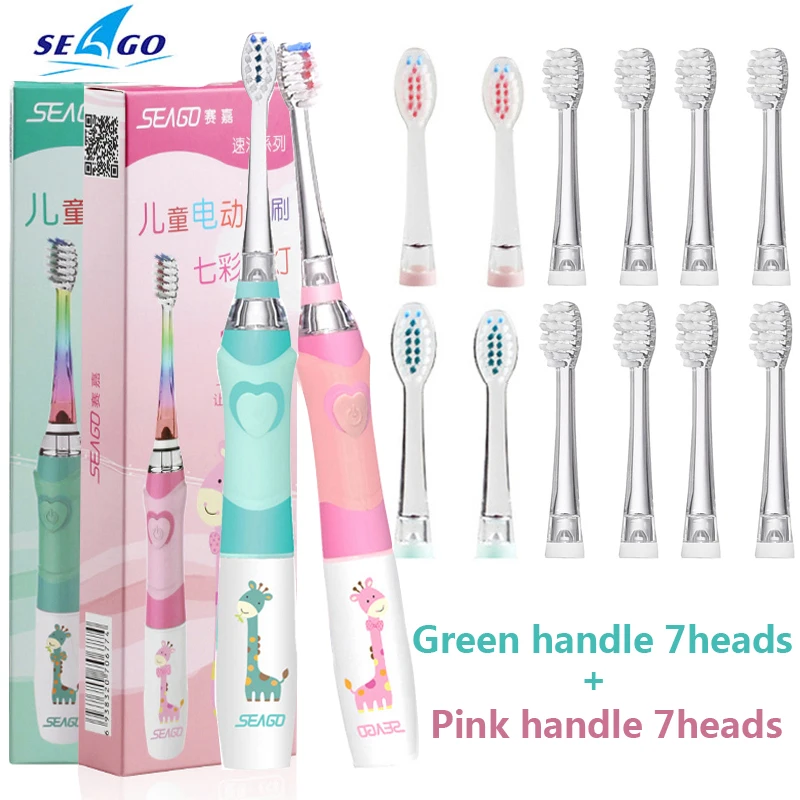 2 brush and heads SEAGO детская звуковая электрическая зубная щетка для От 3 до 12 лет светодиодный аккумулятор Sonic Kids зубная щетка умный таймер сменные насадки - Цвет: 2 brush and heads