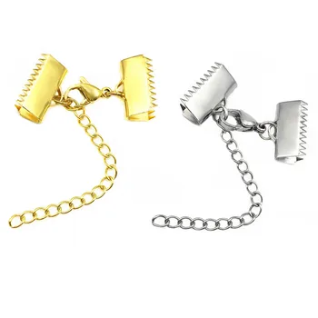 

20Pcs/lot Stainless Steel Crimp End Caps Beads Lobster Clasps with Jump Rings Extension Chains Flat Leather Cord String Ribbon