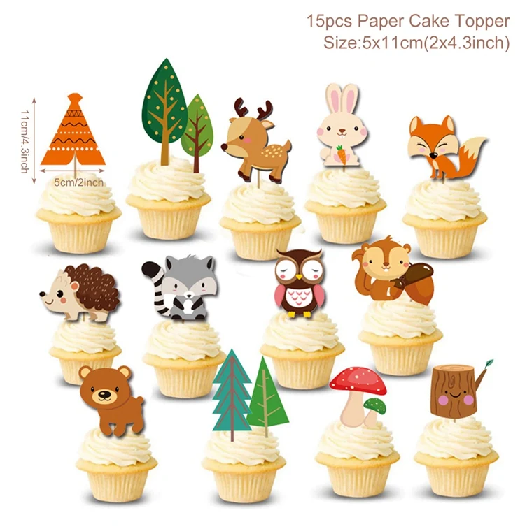 Cupcake Topper 15pcs HUIRAN/вечерние принадлежности в лесном стиле; Детские сувениры; сафрай; Животные в джунглях; декор для дня рождения; тема джунглей; декор для дня рождения; детский душ - Цвет: Cupcake Topper 15pcs