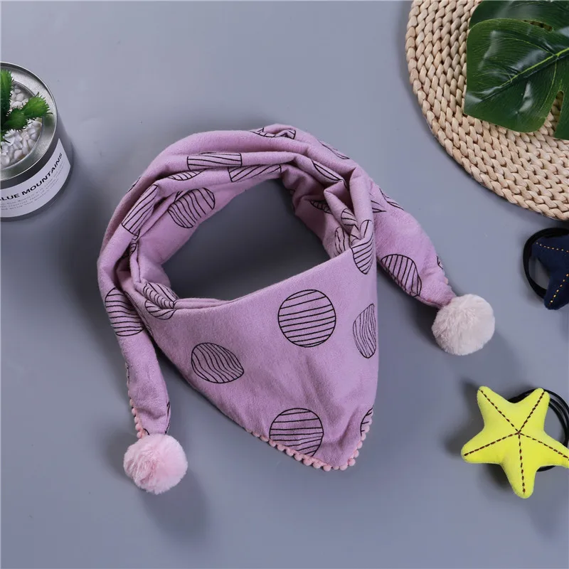 AC051Light-purple Шарф с помпоном для детей, детские хлопковые теплые зимние шарфы с треугольными принтами, шарфы для девочек с круглым вырезом, шейный платок с милым рисунком - Цвет: AC051Light-purple
