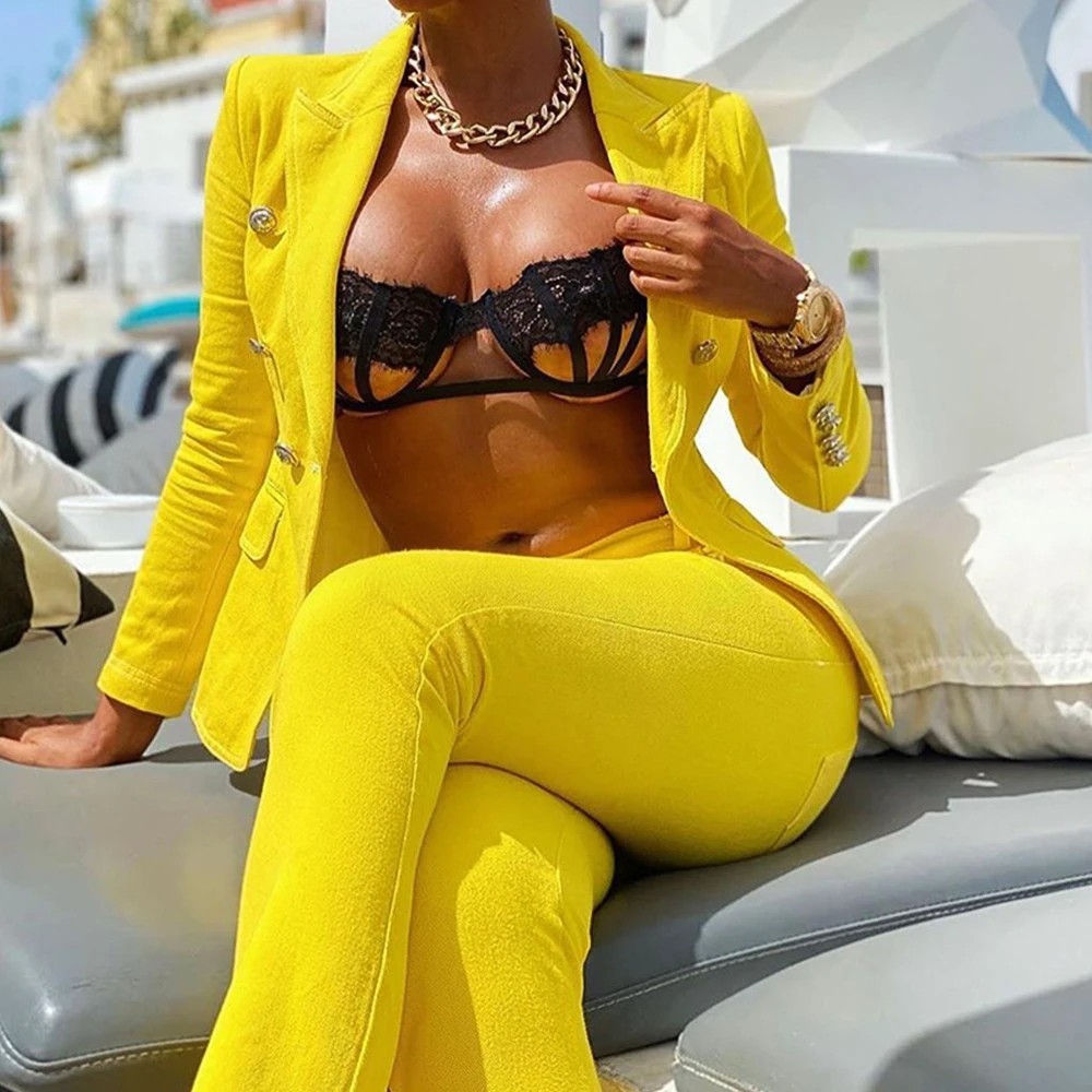 Autumn Solid Office Blazer Suits Women Business Classic Double-breasted Blazer Jacket & Pant Sets Two Piece Fashion Formal Suit