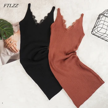 

FTLZZ V-neck Lace Patchwork Bodycon Knitted Dress Women Stretch Sleeveless Knitted Solid Dress Sexy Lady Tank Dresses Vestidos