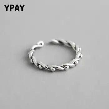 

YPAY 100% Solid 925 Sterling Silver Vintage Twisted Lines with Round Beads Adjustable Rings for Women Fine Jewelry Gifts YMR789