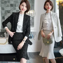 Женские черно-белые клетчатые наряды с блестками, элегантный Блейзер, юбка, 2 предмета, деловые костюмы с юбкой, офисная одежда, комплект с юбкой