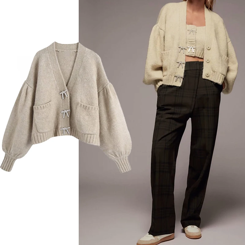 

2Pcs Early Autumn New Women's Sweater Coats Are Thin French All-match Woolen Short Cropped Navel Two-color Blouse Women ZXN0096