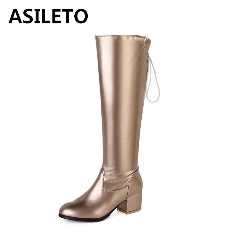 

ASILETO Round Toe Square Heel Soft Warm Plush Knee High Lace up Heel Long Boots Size 32-45 Silver Golden Ridding Casual Shoes