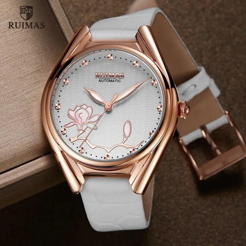 

RUIMAS Elegant Automatic Watch Women Luxury White Leather Bracelet Mechanical Wrist Watches Lady Top Brand Relogio Feminino 6774
