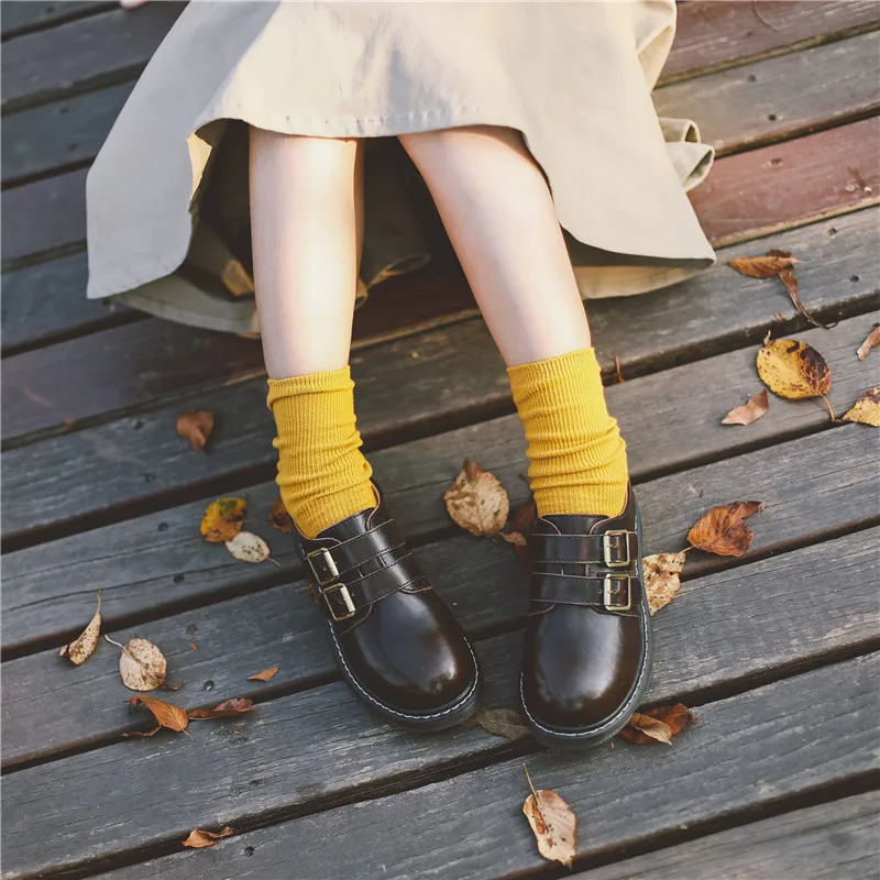 2020 Vintage Women Harajuku Oxfords Shoes British Carved Ladies Platform Brogue Shoes Round Toe Buckle Flats Women Student Shoes (12)