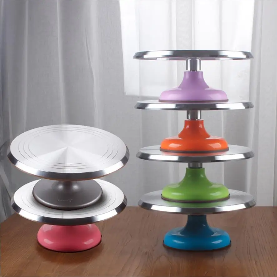 

Baking Decor Tool Aluminium Alloy Mounted Cream Cake Turntable Rotating Table Stand Base Turn Around Decorating Silver Metal Pad