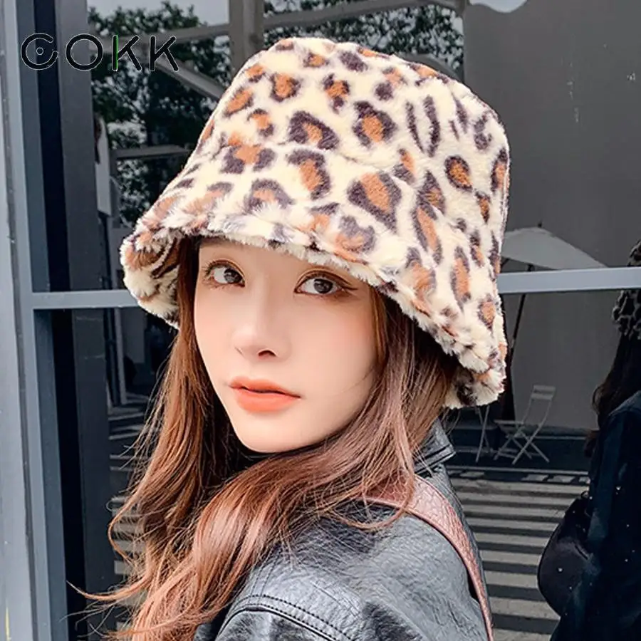 

COKK Leopard Bucket Hat Women Autumn Winter Flat Top Ear Protection Warm Korean Fashion Casual Fisherman Cap Faux Fur Outdoors