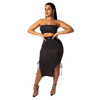 

Wrap See Through Sequin Crop Top And Skirt Set For Women Strapless Sexy Summer Women Set Solid 2 Piece Set Women Skirt Top