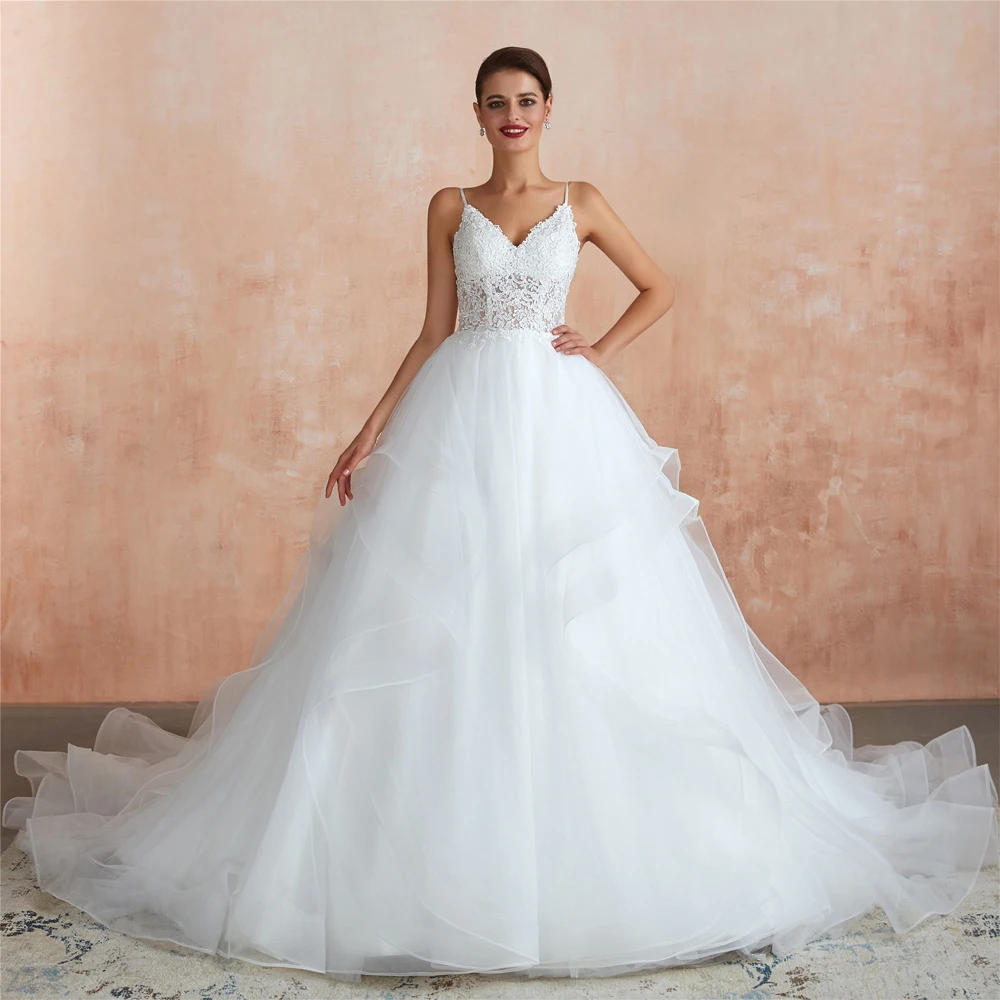 Princess Lace Appliques Long Wedding Dress White Ivory Tulle Bride Wedding Gowns Sexy V Neck Open Back Ball Gown Wedding Dresses (3)