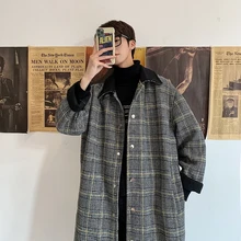 Мужское пальто осень и зима Новое приталенное и флисовое однобортное длинное клетчатое пальто свободная повседневная одежда для молодых мужчин