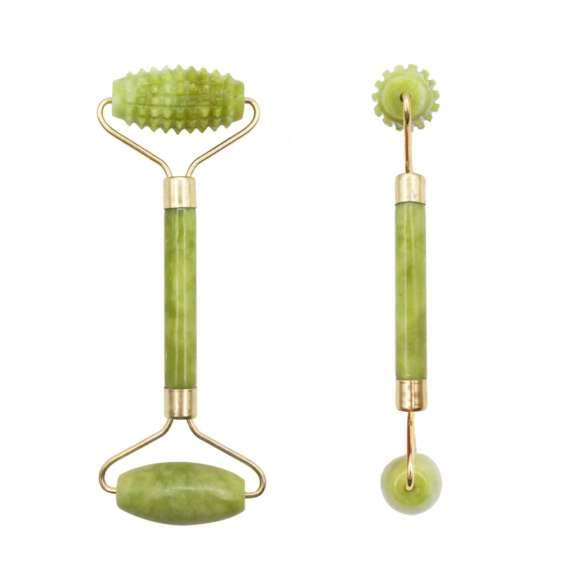 Rodillo de Jade VERDE de doble cabeza, masajeador elíptico para cara, cuello, cara, adelgazante, herramientas de belleza de cara delgada, 1 Estiramiento Facial