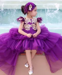High Low Purple Flower Girls Dresses Tiered Tulle A Line Short Sleeve Pageant Dress Formal Kids Toddlers Birthday Party Gown