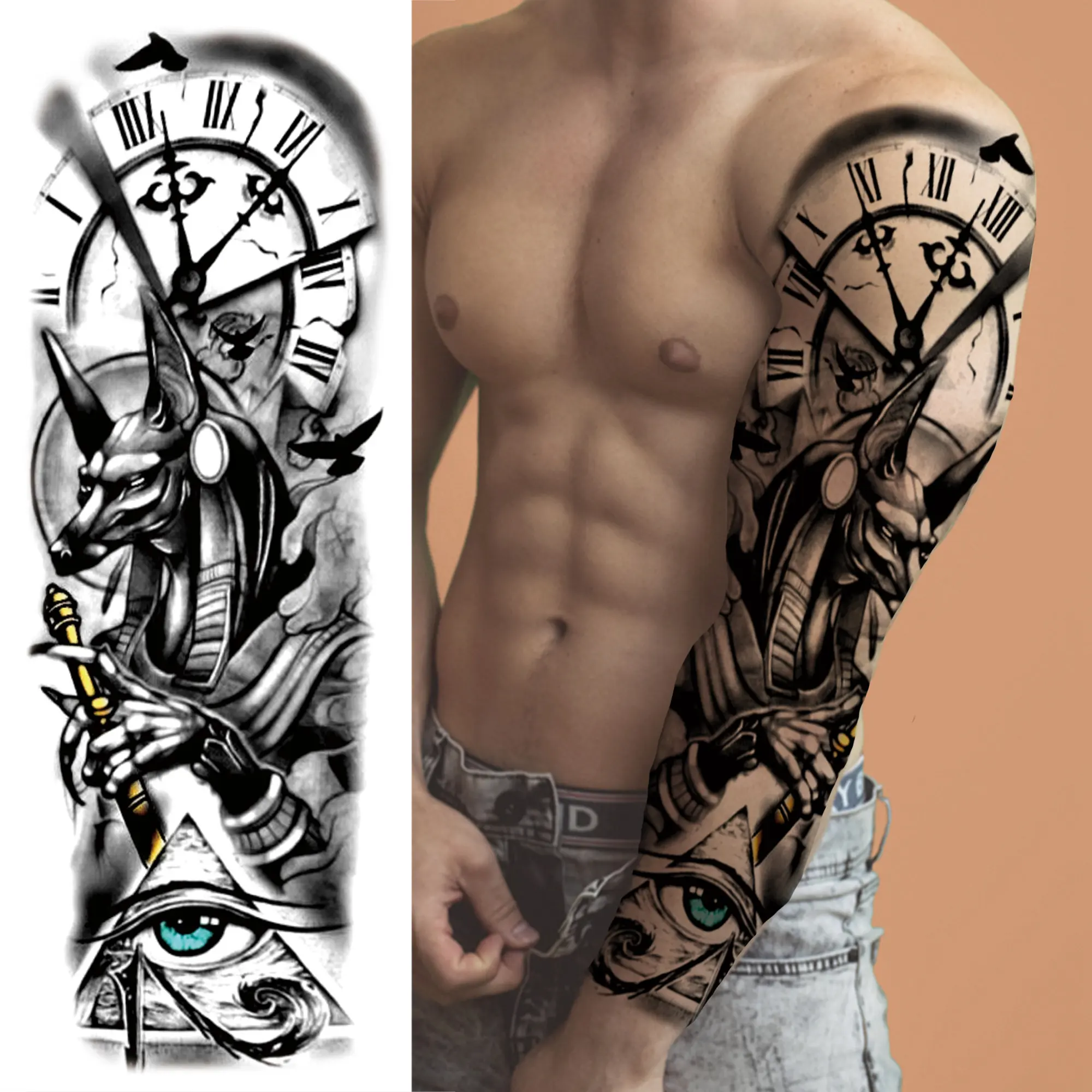 Black Forest Wolf Temporary Tattoos Sleeve For Men Women Fake Soldier Compass Eye Tattoo Sticker Full Arm Washable Tatoos Sets