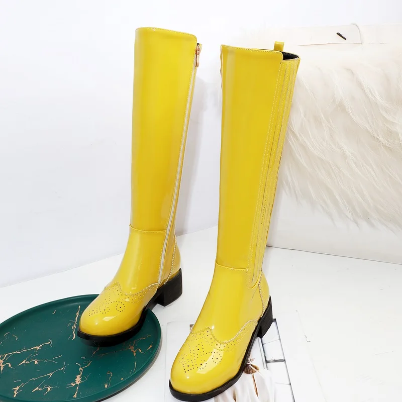 EGONERY/Сапоги до колена в стиле панк; женская зимняя обувь на среднем каблуке 4 см; цвет желтый, фиолетовый, черный; модная зимняя обувь на молнии - Цвет: yellow