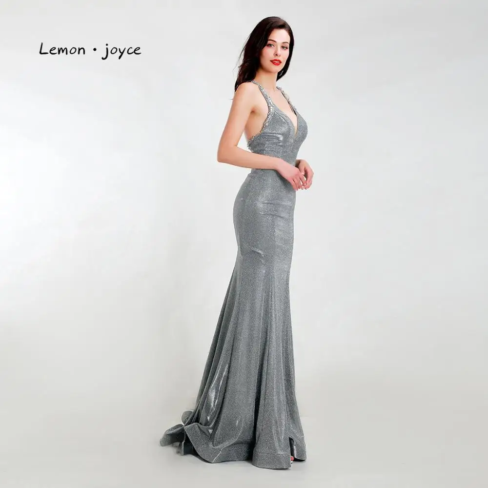 Lemon joyce Серые Вечерние платья Русалка Длинные сексуальные с v-образным вырезом без спинки простые блестящие вечерние платья для выпускного вечера размера плюс