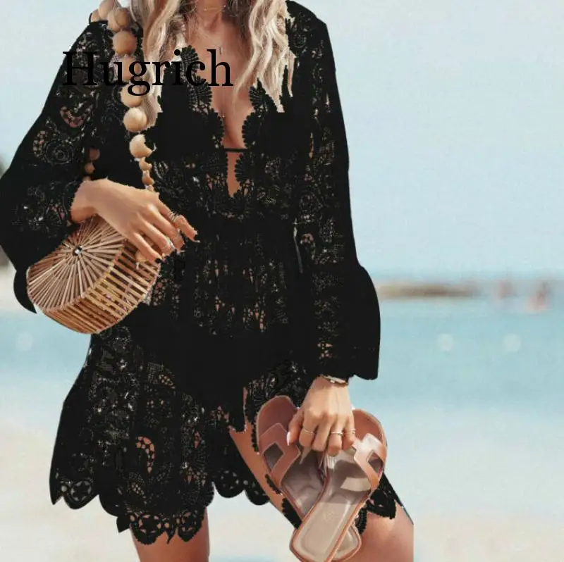 2020 Autumn Lace Crochet Women Bikini Cover Up Swimwear Floral White Black Bathing Suit Tunic Beach Dress