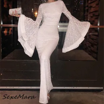 

Elegant Party Night Women Maxi Dress 2020 Spring Sexy O-neck Lantern Sleeve Lace Patchwork Dress