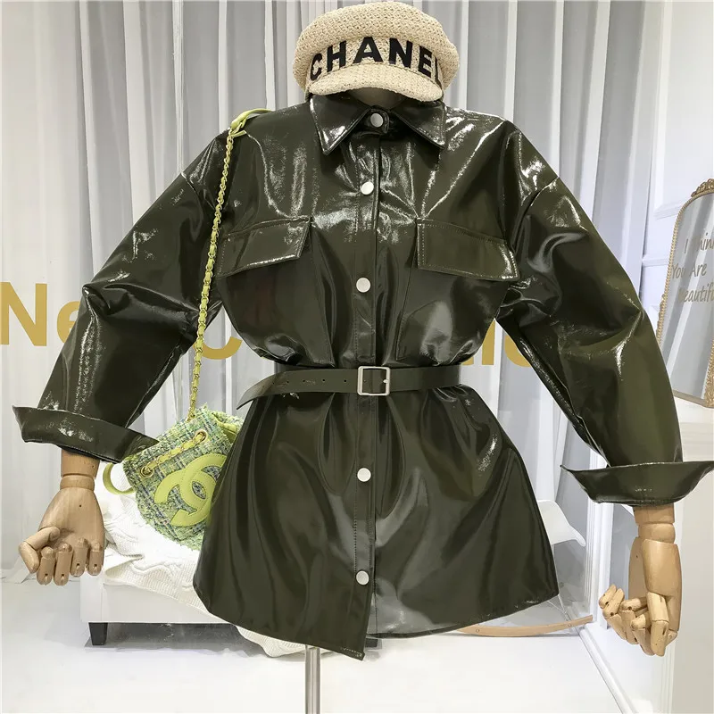 ALPHALMODA осень дизайнерский привлекательный пояс-завязывается яркая одежда из искусственной кожи средней длины пальто Женская мода PU куртка