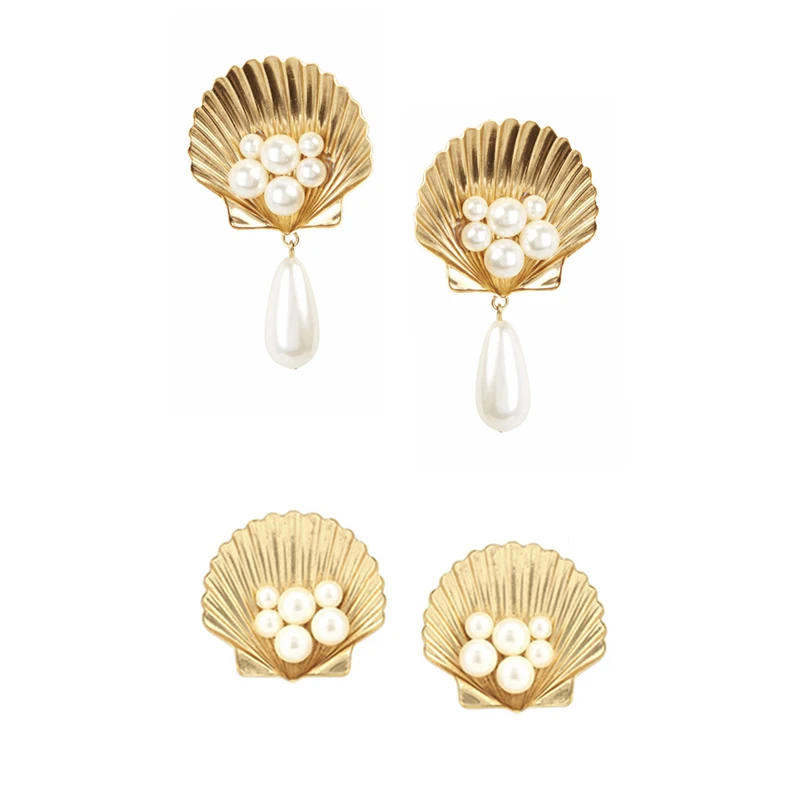 

Pearl inlaid golden shell light luxury Earrings super-fairy temperament ear clip