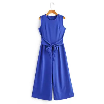 

New women fashion o neck sleeveless solid color siamese office lady bow tied sashes wide leg conjoined pants chic jumpsuits P600