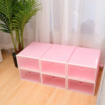 

6PCS Thicken Shoes Box Transparent Stackable Shoes Storage Box Plastic Shoe Container (Pink Box with White Frame for Women)
