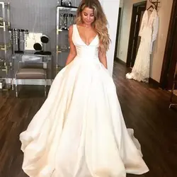 Свадебное платье с v-образным вырезом 2019, свадебное платье со шнуровкой на спине, свадебное платье в пол, ТРАПЕЦИЕВИДНОЕ атласное свадебное