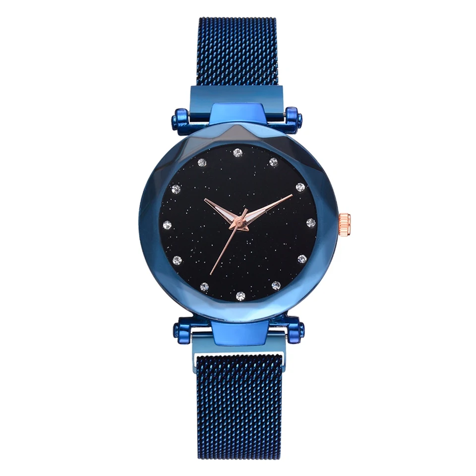 Лидирующий бренд, роскошные часы для женщин, bayan kol saati, магнитная пряжка, звездное небо, кварцевые часы для женщин, розовое золото, сетка, женские наручные часы - Цвет: Синий