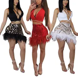 Amazon/хит продаж, женское платье в европейском и американском стиле, летний Трикотажный костюм с блестками и перьями страуса, сексуальная