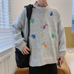 Зимний свитер мужской теплый Модный повседневный вязаный свитер с вышивкой мужской уличная Свободный пуловер с длинными рукавами мужская