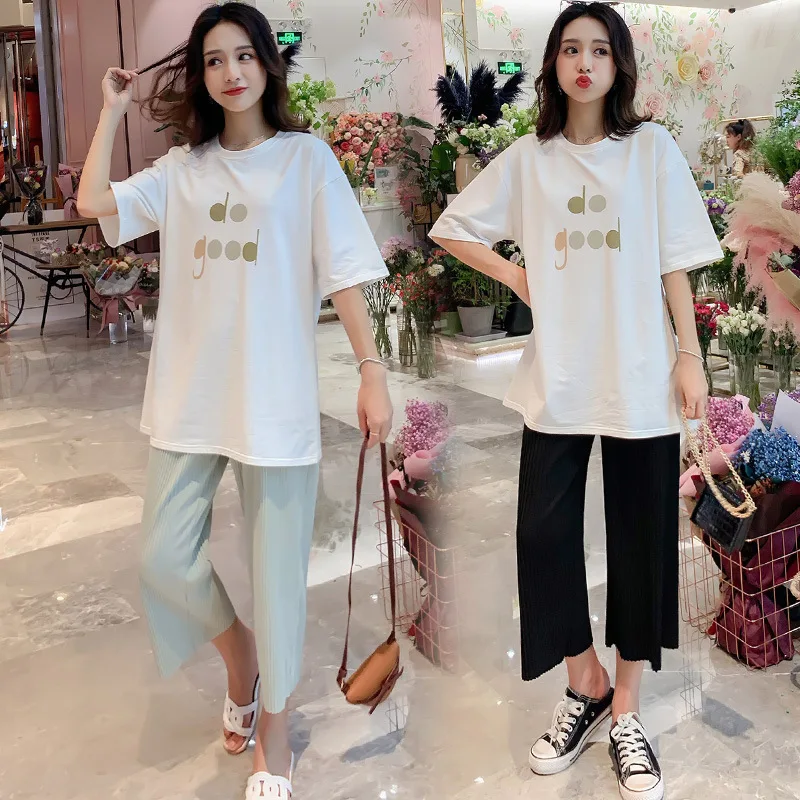 

Pregnant Women Set New Style 2019 Large Size Summer Korean-style T-shirt Tops Pleat Cropped Trousers for Pregnant Women Two-Piec