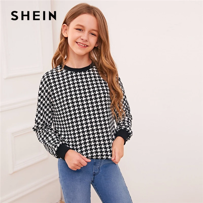 

SHEIN Kiddie Black And White Houndstooth Print Casual Sweatshirt Kids Tops 2019 Spring Long Sleeve Solid Trim Teenager Pullovers