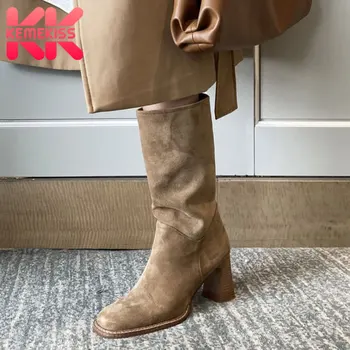 

KemeKiss New Design Women Mid Calf Boots Strange Heels Square Toe Women Shoes Fashion Short Boots Woman Footwear Size 34-40