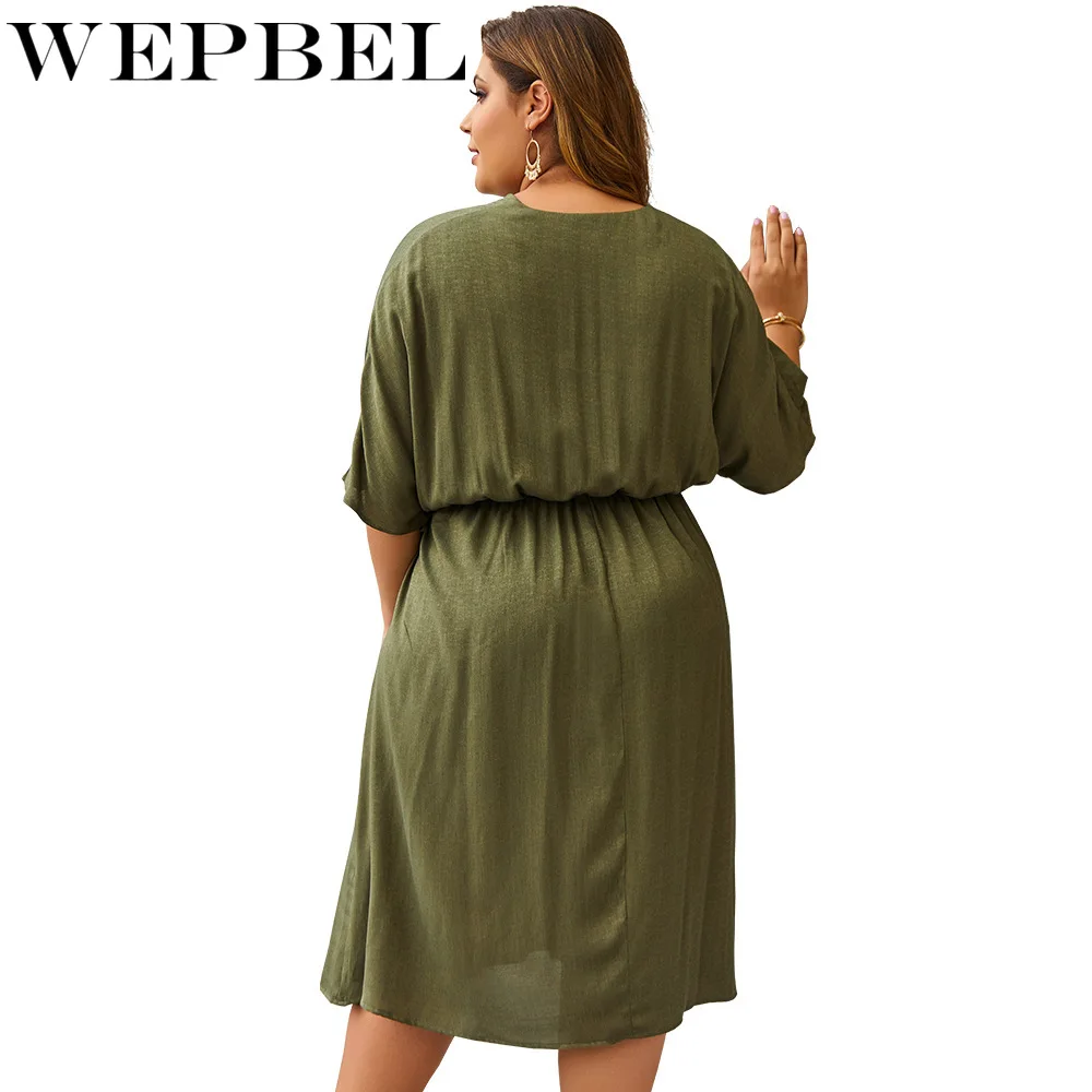 WEPBEL, женское платье, повседневное, одноцветное, половина рукава, v-образный вырез, платье, новинка, весна-лето, платье на пуговицах с поясом