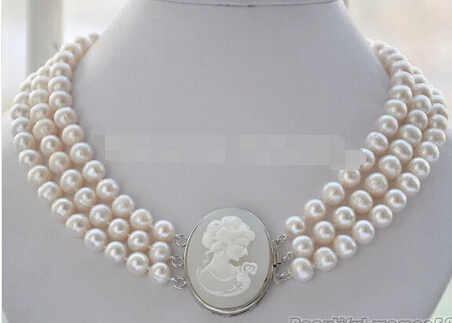 907 3row 8-9mm WHITE ROUND FRESHWATER PEARL NECKLACE 17-19&quot | Украшения и аксессуары