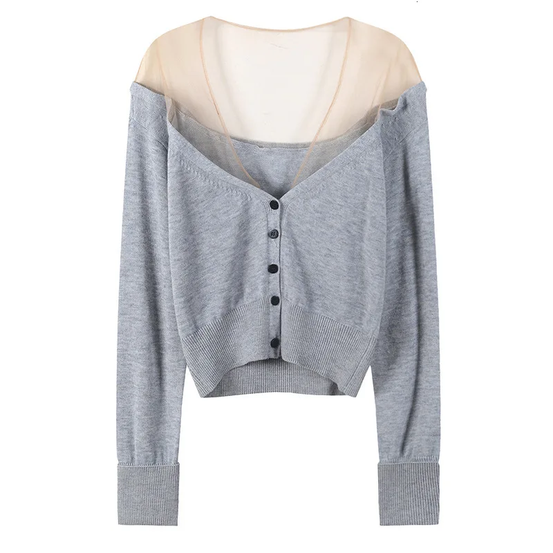 

DEAT 2019 Autumn Winter Patchwork Mesh Sexy V Runway Sweaters Women Short Cardigans Sweater MG910