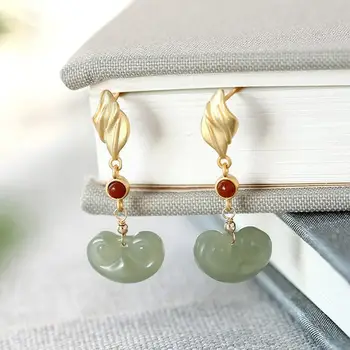 

Natural Hetian jade small ingot Earrings Chinese style retro small exquisite unique antique gold craft women's brand jewelry
