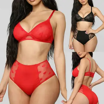 

Women Sexy See Through Heart Print Underwear Set No Pad Bra High Waist Briefs Pijamas Femmes Seamless Underwear Nightwear