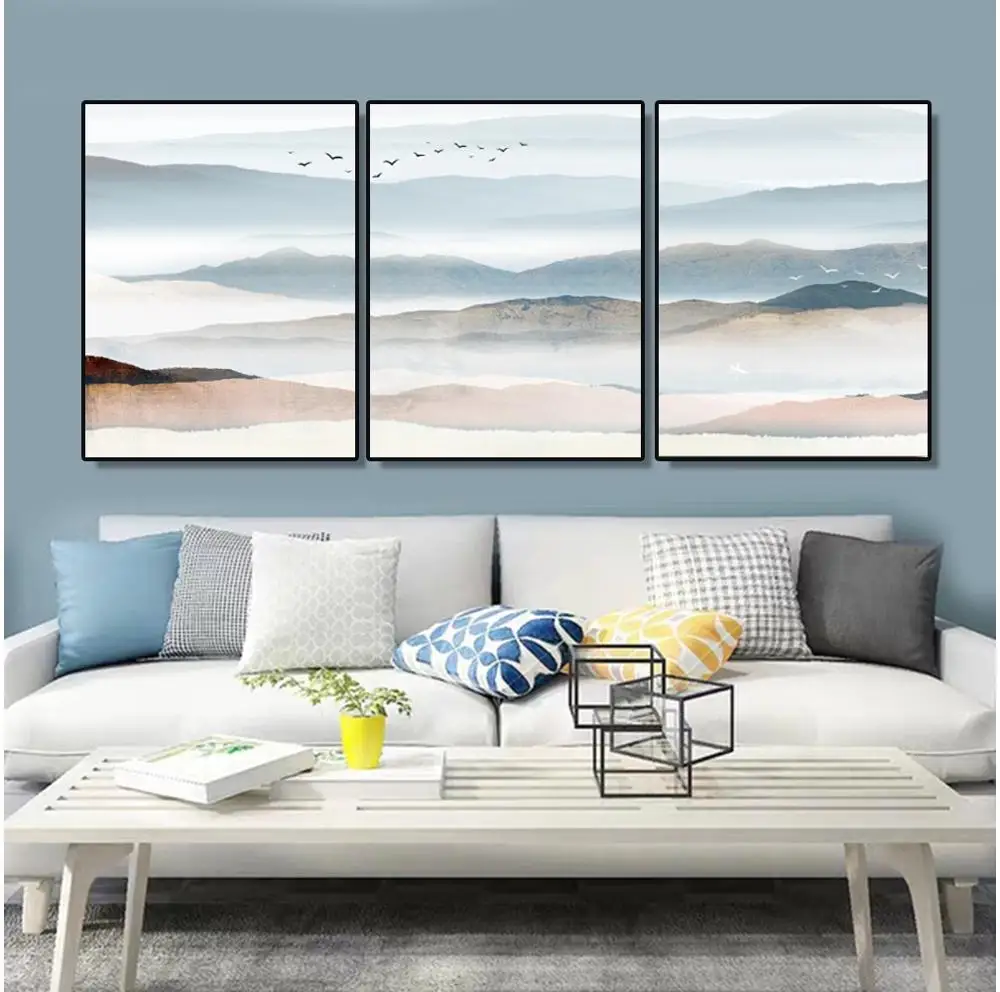 

3 Panel Canvas Painting Calligraphy Landscape Mountain Bird Posters and Prints Art Wall Pictures for Living Room Home Decoration