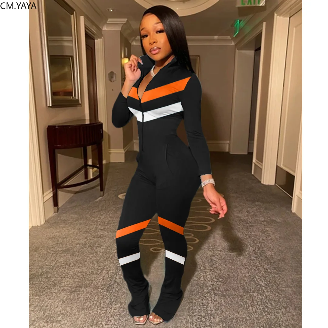 CM.YAYA Women Striped Patchwork Long Sleeve Zipper Up Wide Leg Flare Jumpsuit Bellbottoms One Piece Overalls Active Wear Rompers |